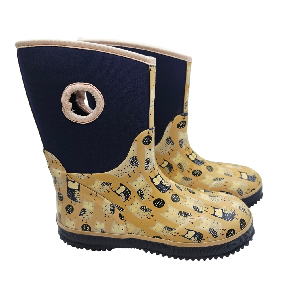 Lily & Dan Kids Owl Print Neoprene Rain Boots Tan Navy Blue Size 2/3